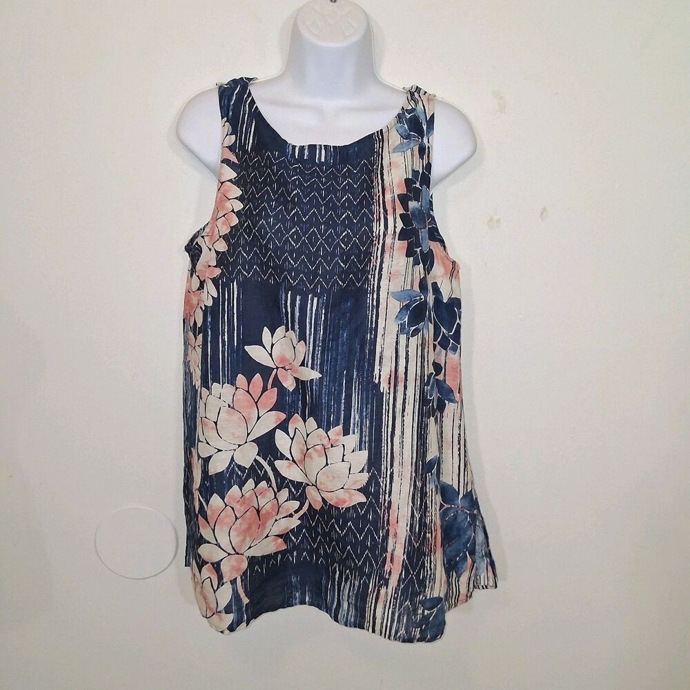 Floral 100% Linen Tunic Women's Sz MP Abstract Lagenlook Oversized Tropical